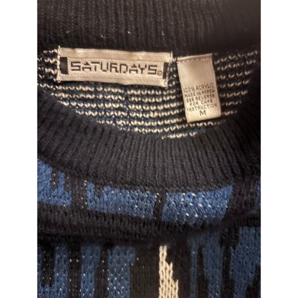 Vintage 1989 Saturdays Pattern Knit Sweater Blue Black Size M - Picture 2 of 5
